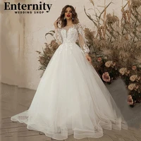 romantic o neck wedding dresses for women a line long sleeve wedding gown for bride lace appliques backless vestidos de novia