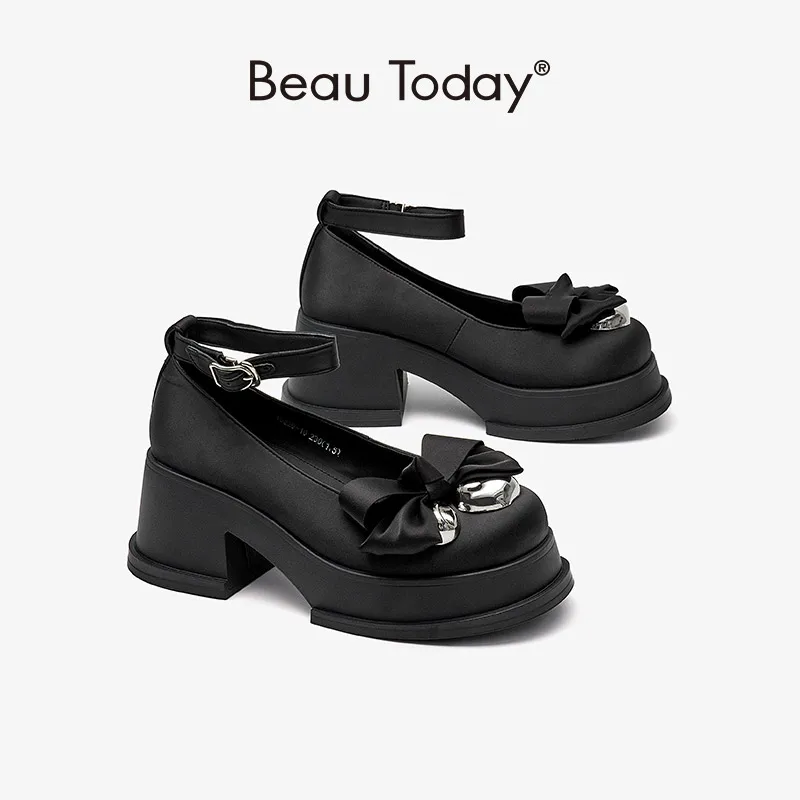 

BeauToday Platform Pumps Women Silk Cloth Round Toe Mary Janes Butterfly-knots Ankle Strap Ladies High Heel Shoes Handmade 16229