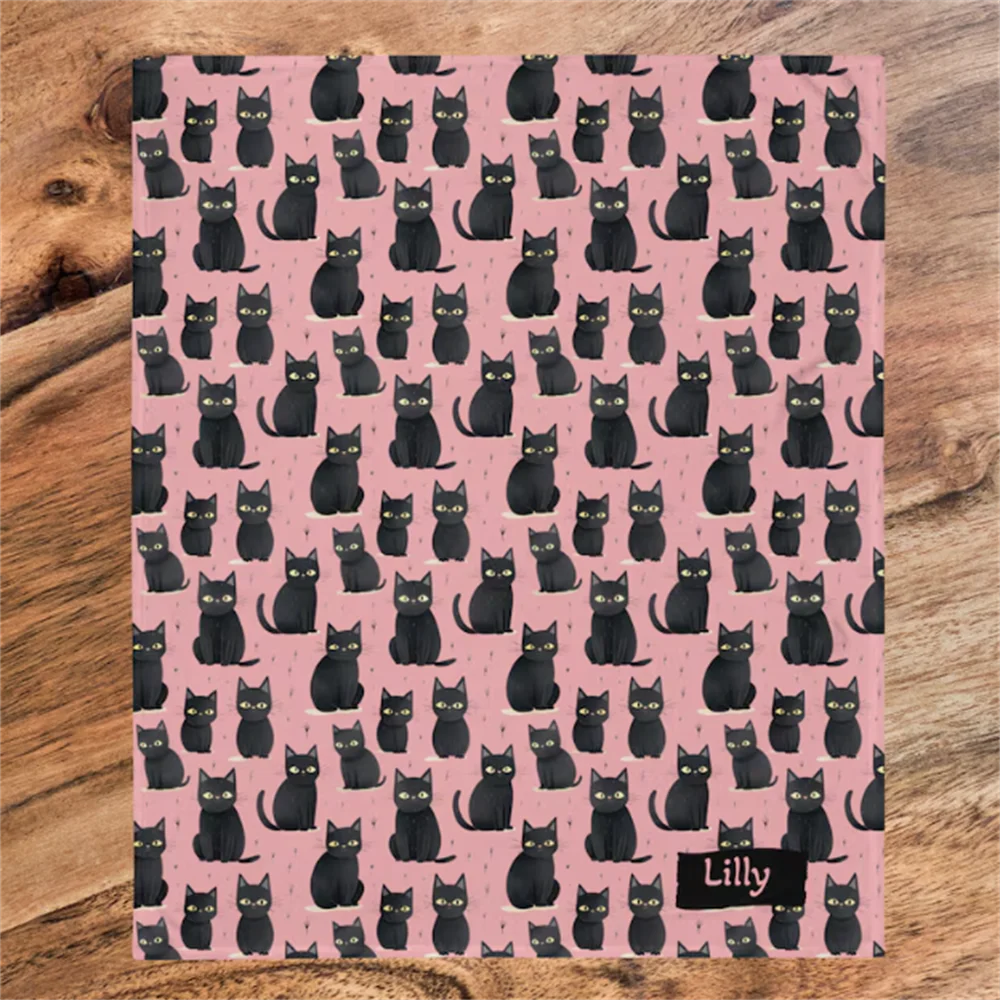 Розовое одеяло персонализированное черное для кошек с рисунком кота мягкое
