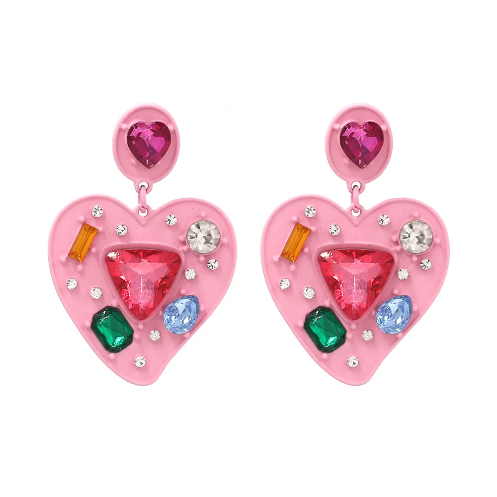 

Aesthetic Jewelry Hot Pink Crystal Rhinestone Candy Gem Drop Y2K 90S Chunky Heart Dangle Earrings for Women Girl Friend Gift