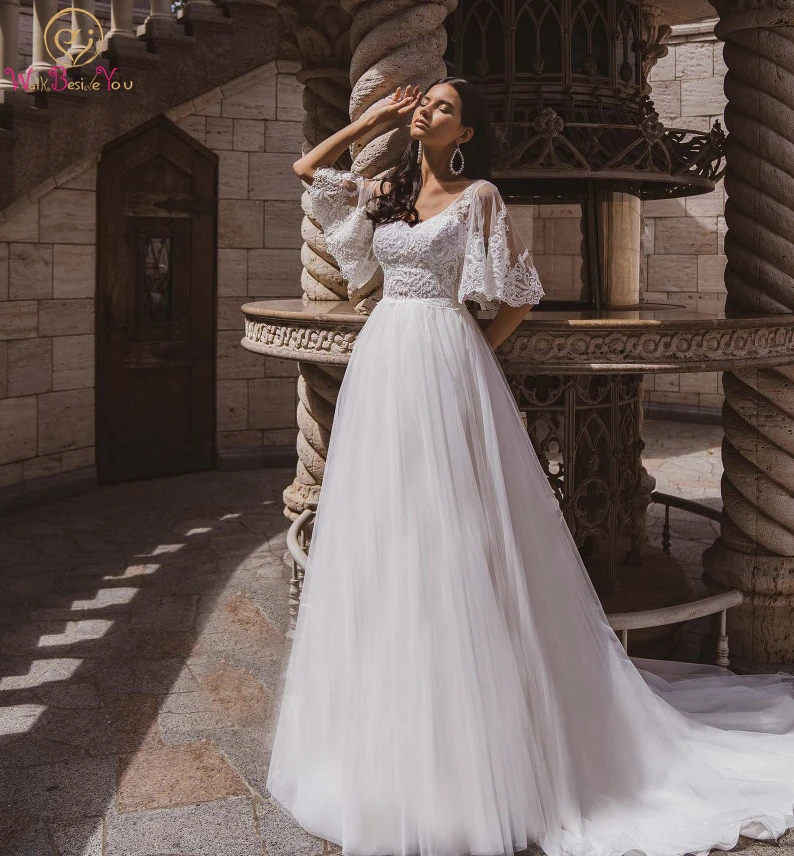 

Женское свадебное платье цвета слоновой кости, кружевное платье цвета шампанского с аппликацией, длинное свадебное платье со шлейфом без р...