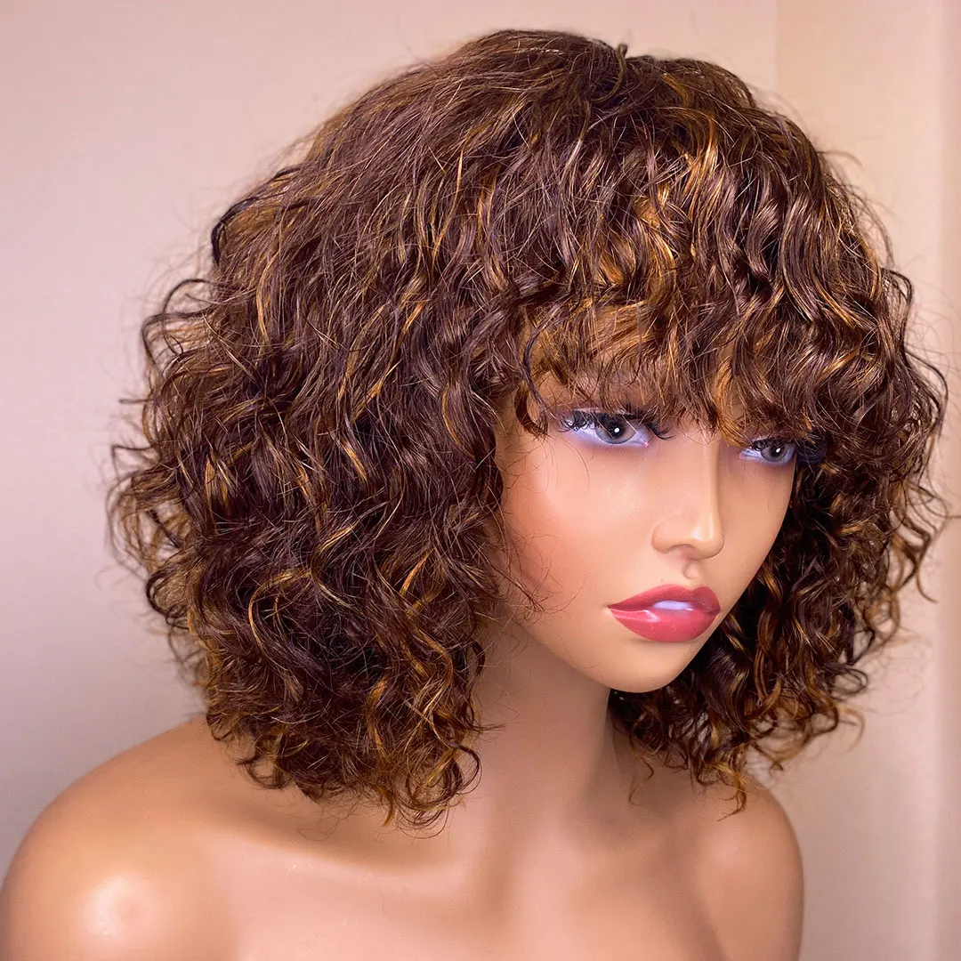 Super Easy To Install Mix Color Curly Wig Wet And Wavy Funmi Human Hair Wigs With Bangs Water Wave Full Machine Made Short Bob