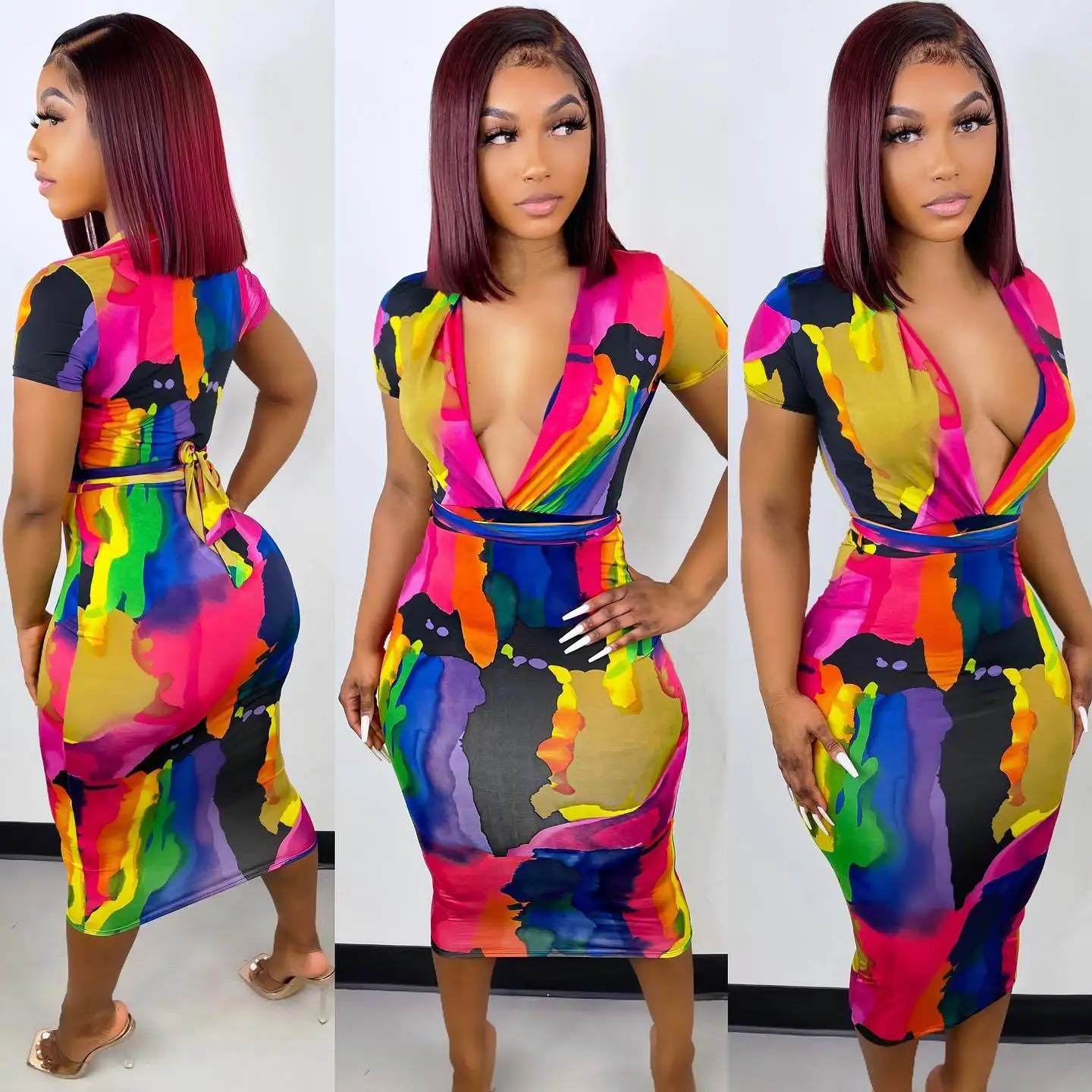 

Women Women Summer Dress Irregular Tie Dyeing Deep V Neck Short Sleeved Mid Dress