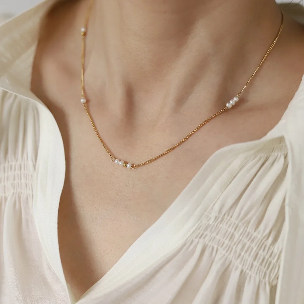 

MODAGIRL Cream Pearl Ball Bead Link Chain Stainless Steel Gold Bead Necklace Nickel Lead Free Women Jewelry