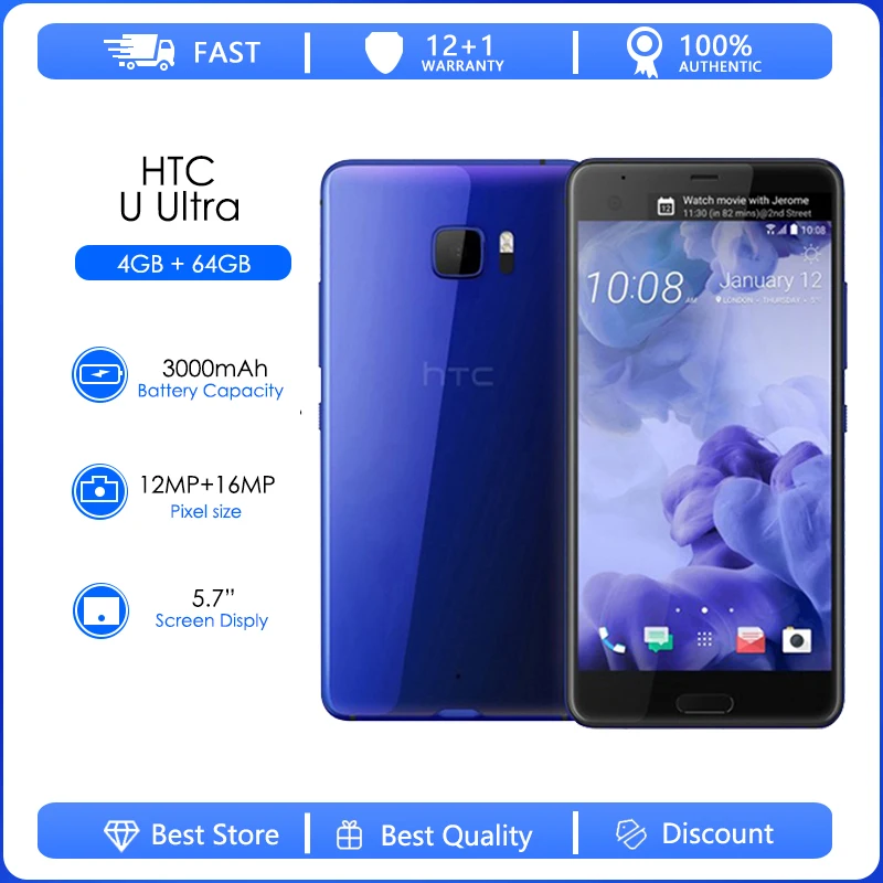 HTC U Ultra Refurbished-Original Quad-core 4GB RAM 64GB ROM LTE 12MP Camera 2160P Dual SIM 3000mAh Fingerprint Android phone