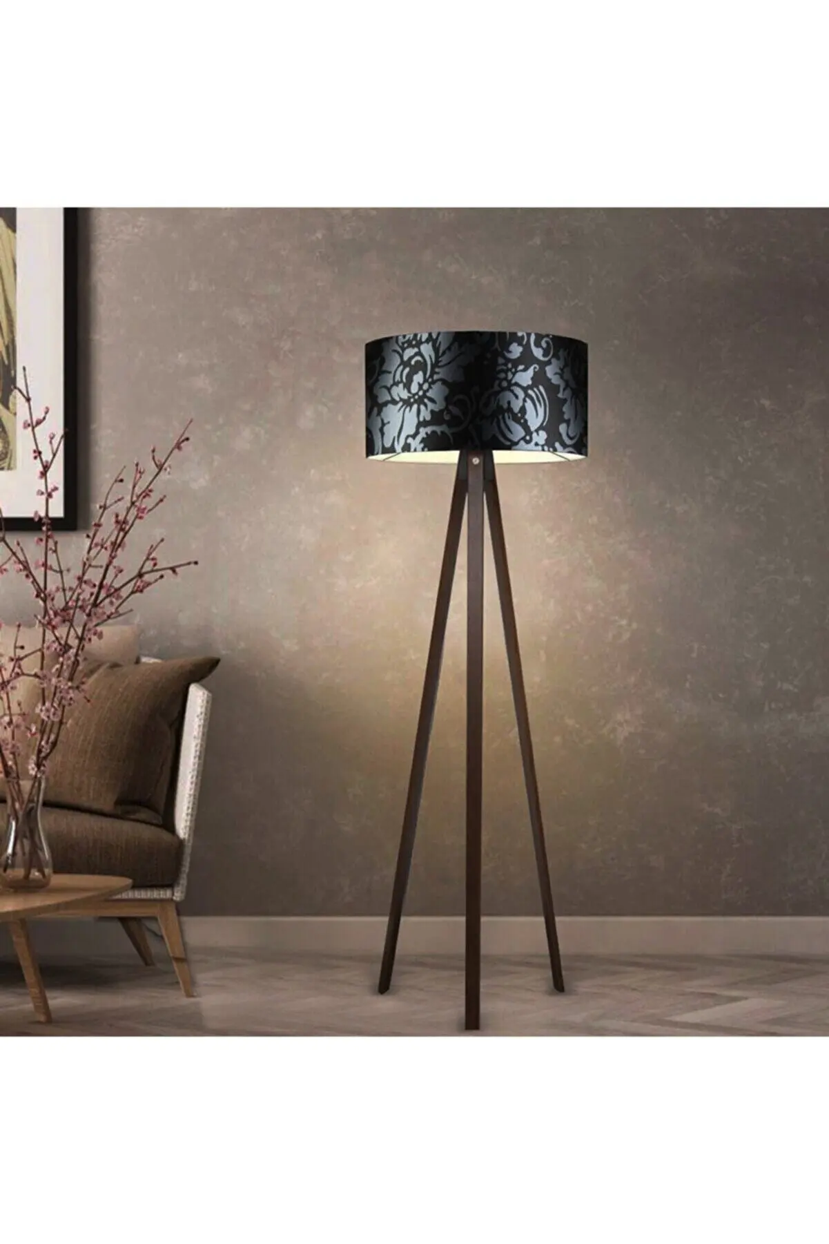 

Black Flower Pattern Decorative Floor Lamp Floor Lamp Tripod Three-Legged Lighting Modern Lamparas De Pie مصباح ارضي מנורת רצפה