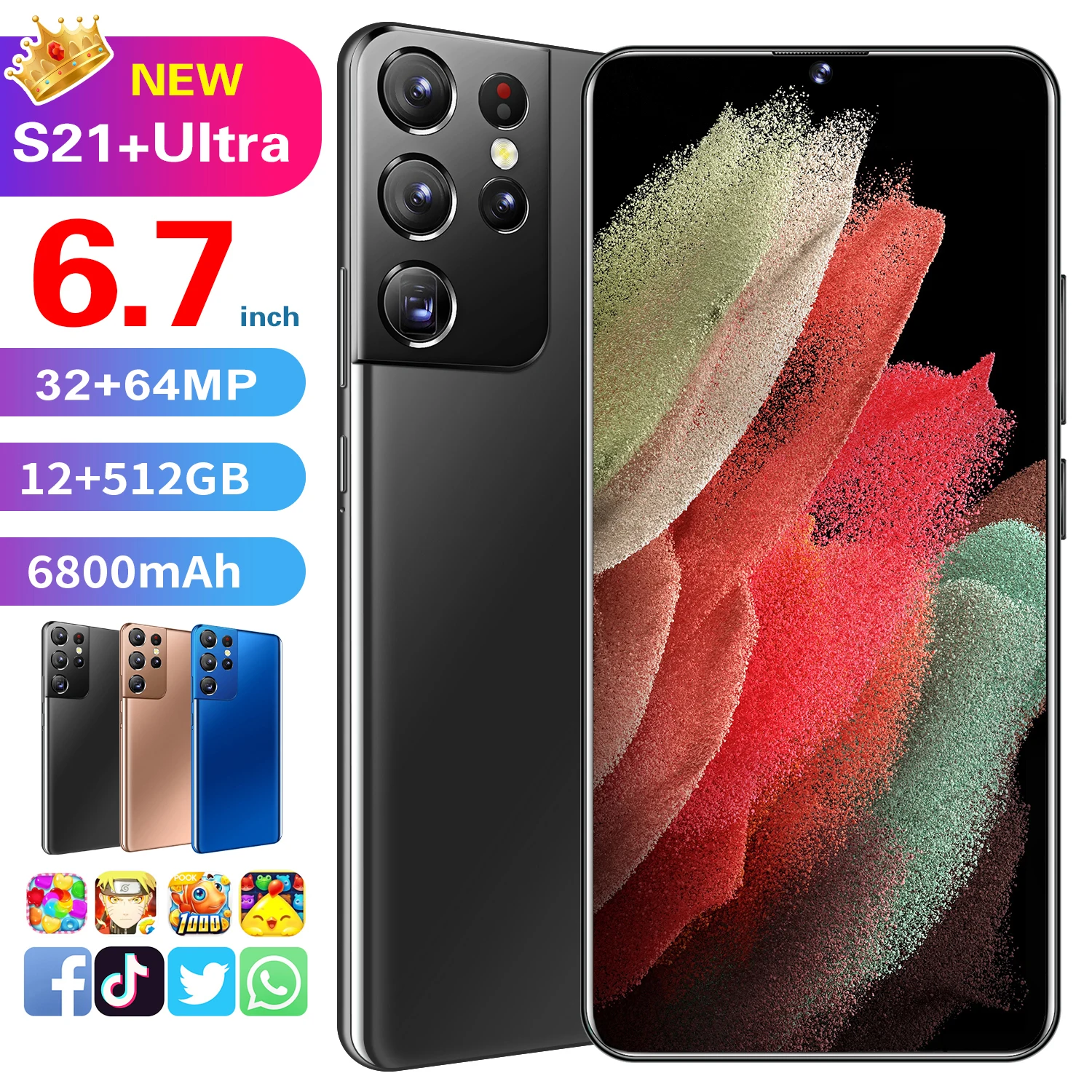 Разблокированный телефон Глобальная версия S21 Ultra экран 6 8 дюйма Smartphone12GB 512GB Rom