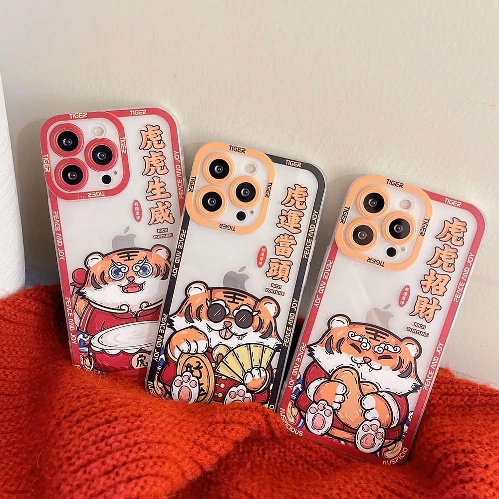 

Cartoon Lucky Tiger Phone Case for iPhone 13 12 11 Pro Max X XR XS 7 8 Plus Shockrpoof Angel Eyes Lens Protection Funda