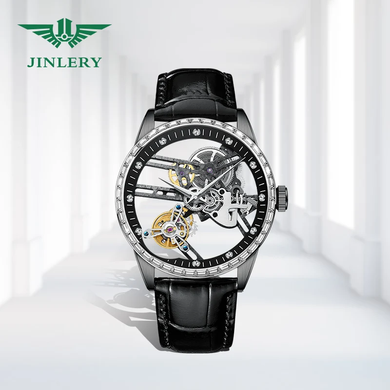 

JINLERY Tourbillon Mechanical Watch for Men Luxury Mechan Wristwatch Diamond Edge Skeleton Sapphire Crystal Relogio Masculion