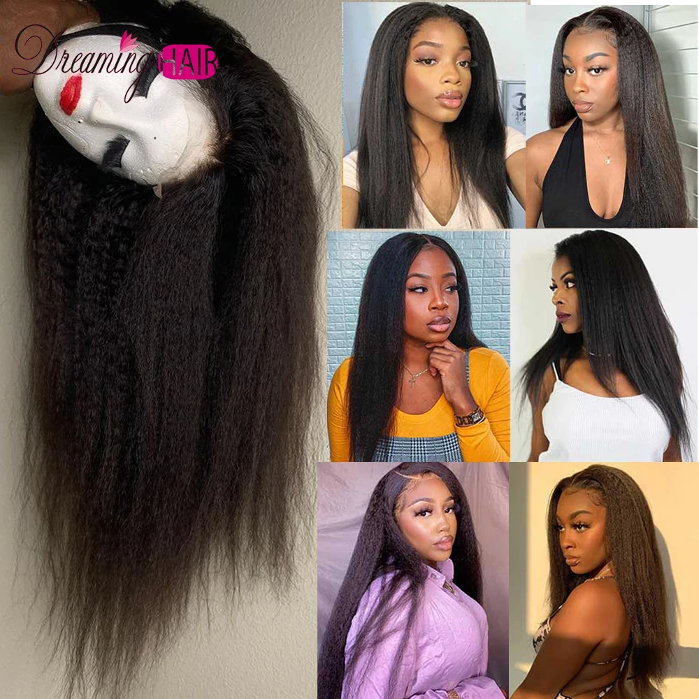 

Kinky Straight Lace Wig For Black Women 32Inch Yaki Preplucked Natural Invisible Wig With Baby Hair Remy Brazilian Hair 180%