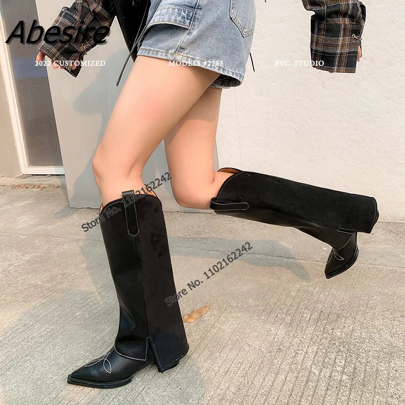 

Новые ковбойские сапоги в западном стиле с острым носком на среднем каблуке без застежек сапоги до колена Простые Модные сексуальные женск...