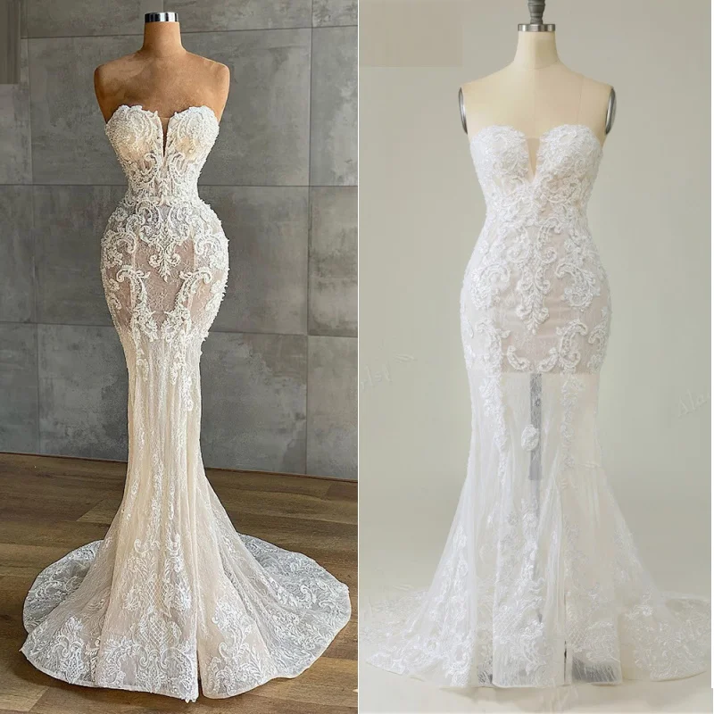 Женское кружевное свадебное платье с юбкой-годе без бретелек открытой спиной -