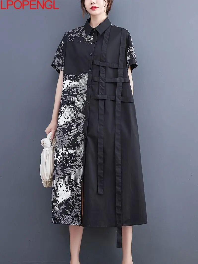 

Print Patchwork Single Breasted Turn-down Collar Dress 2022 Summer New Casual Fashion Temperament Shirt Oversized Women's Dress