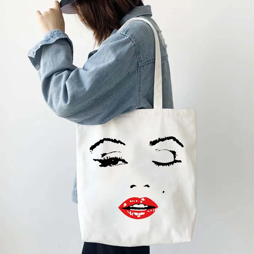 

Shoulder Bag Beautiful Woman Face Red Lips Lush Eyelashes Canvas Tote Bags Female Shopping Reusable Casual Female Handbags