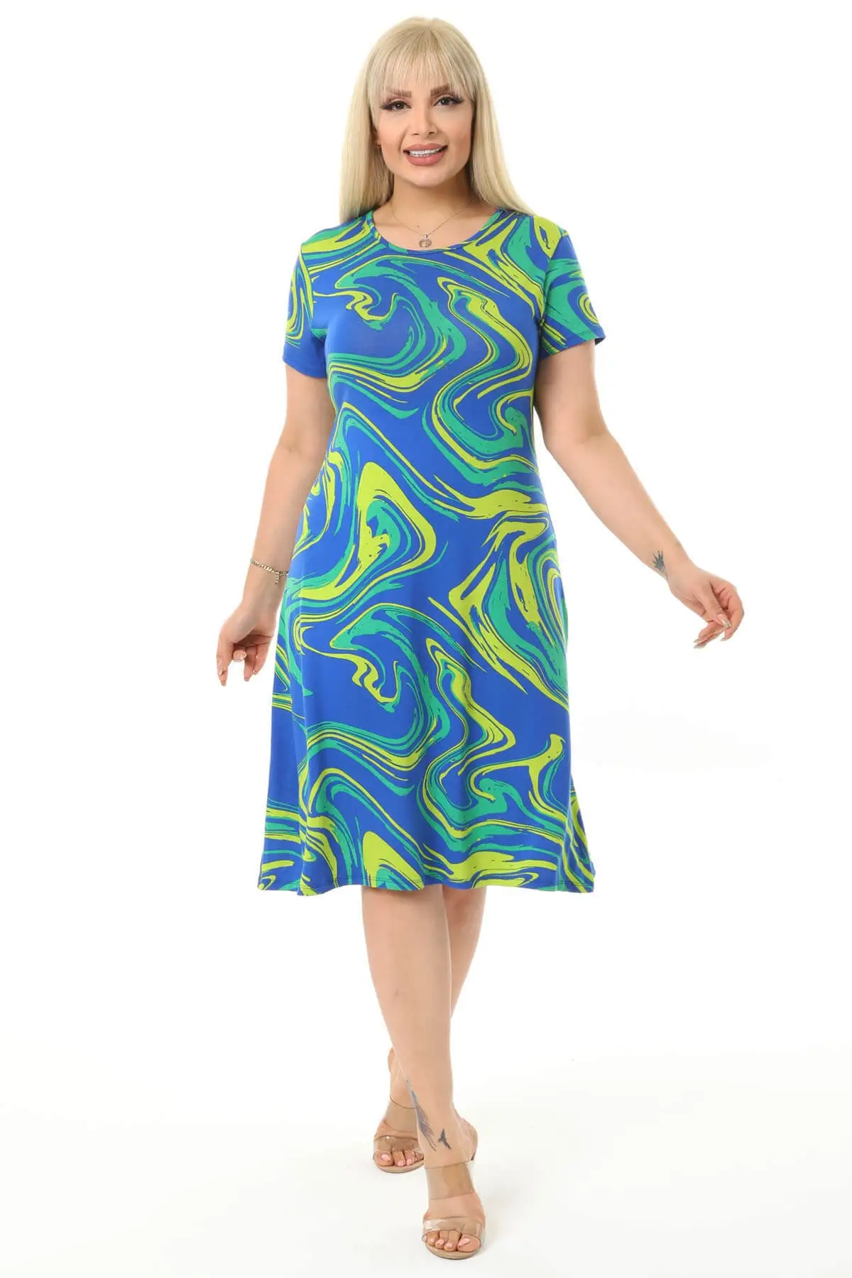 Plus Size Women's Dress Daily Wear Patterned Round Neck Ankle-Length Lycra Knitted Viscose Stylish XL 2XL 3XL 4XL 5XL