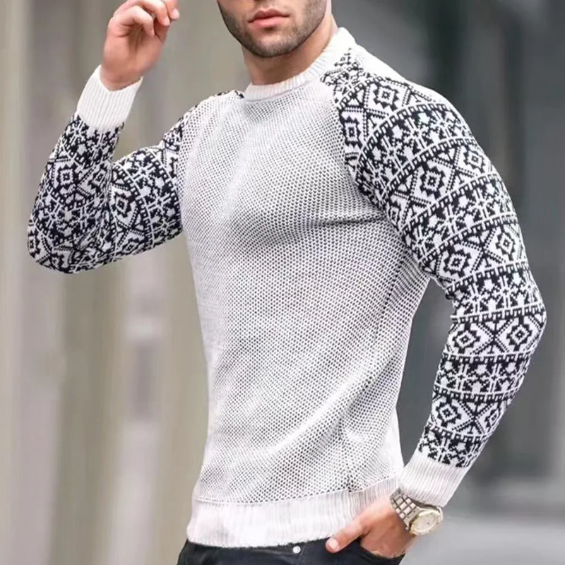 

Cross -border overseas trade high quality 2022 autumn and winter new printed men's pullover bottoming color matching sweater