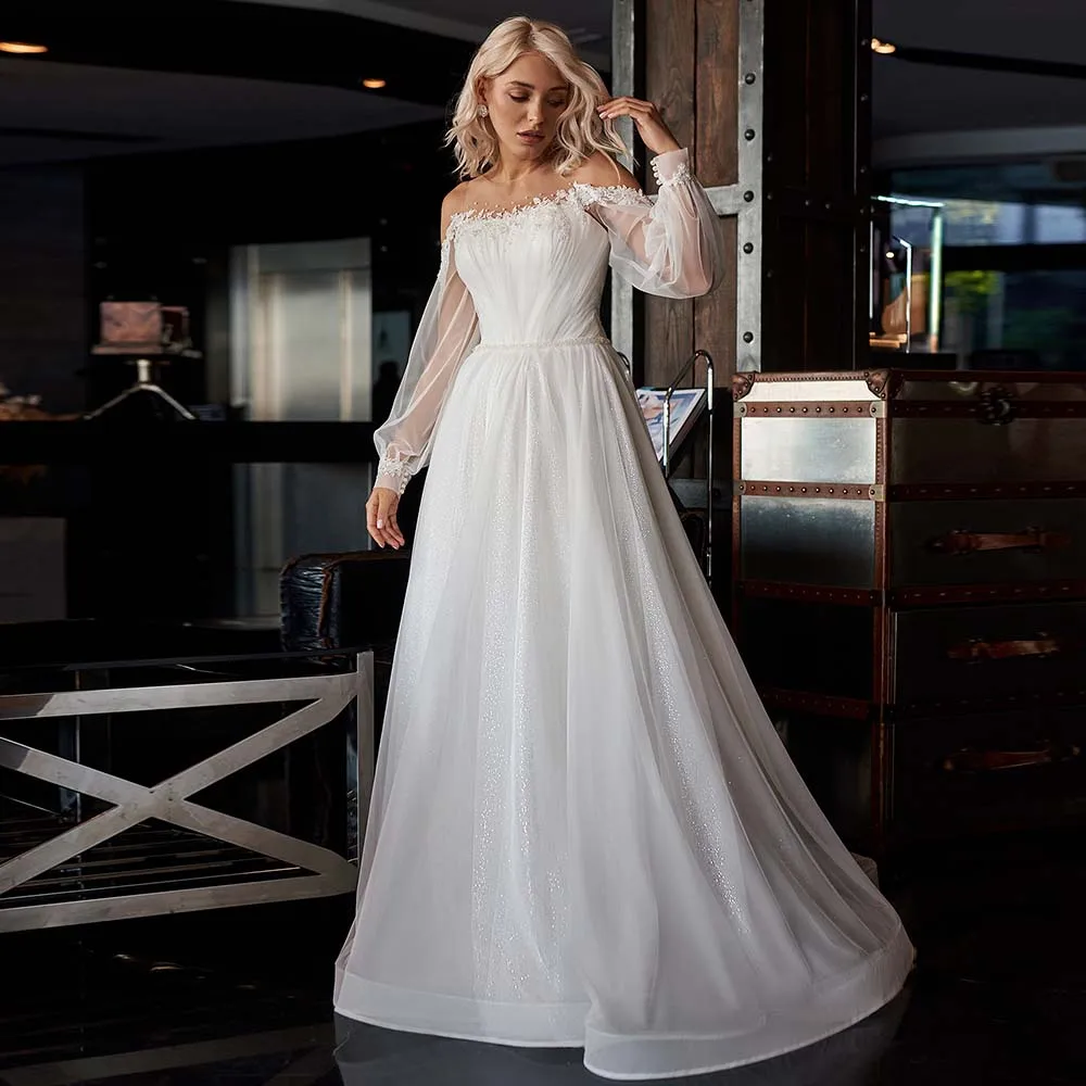 

Elegant Bridal Gowns Off Shoulder Lace Appliques Beaded Wedding Dress 2022 Illusion Long Sleeve Sparkle Tulle Bride Gown Custom