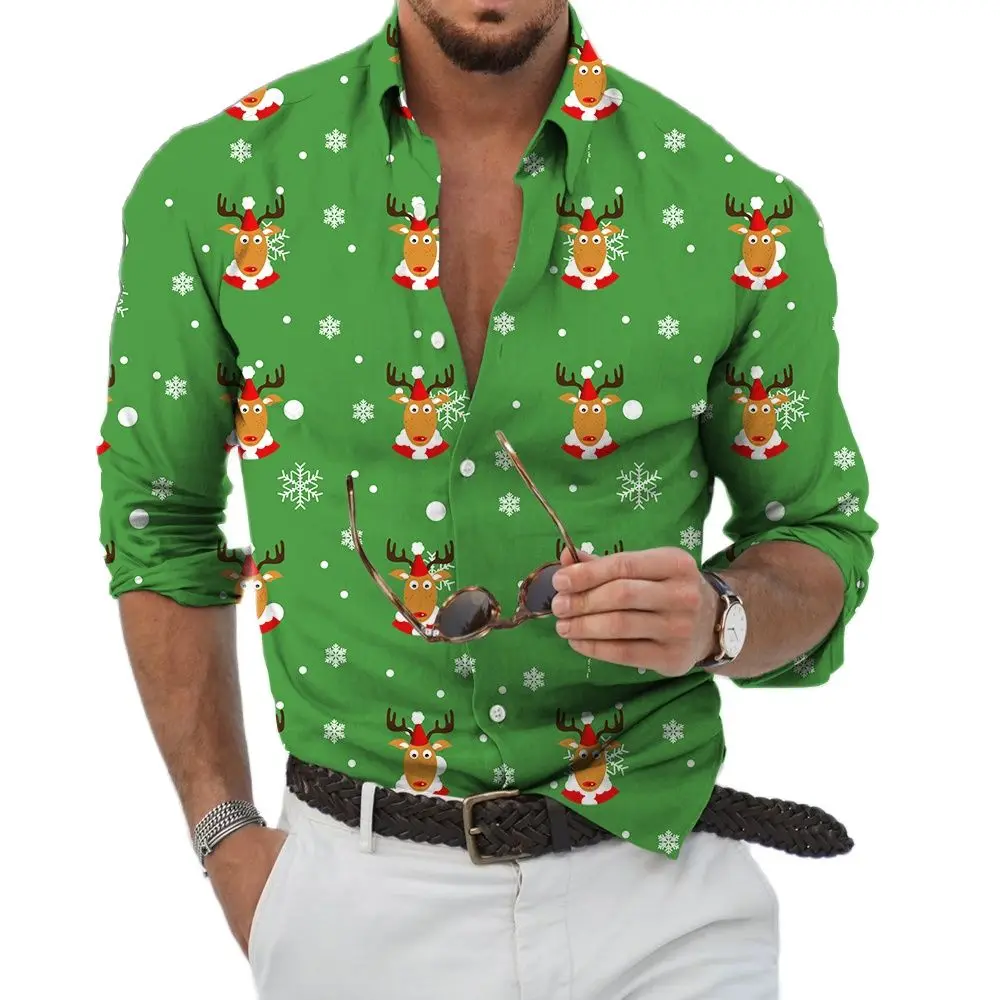 Men's long sleeved shirt Christmas shirt Banquet holiday snowflake print top Fashion cartoon Christmas men's long sleeved shirt
