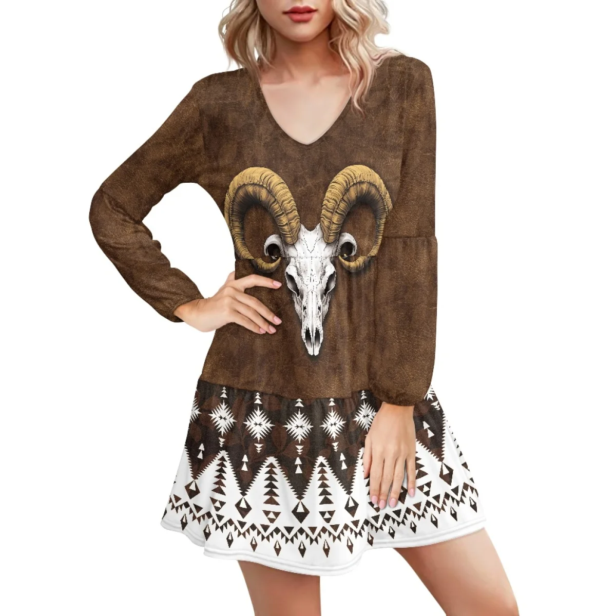 

Tribe Pattern V Neck Princess Dress Christmas Tree Santa Claus Pattern Sexy Long Sleeve Cozy Skirt Fashion Loose Casual Dress