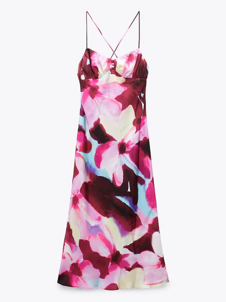 

Zach AiIsa Summer New Women's Vintage Print Sling V-Neck Hollow Lingerie Style Bow Knot Draping Texture Casual Holiday Dress