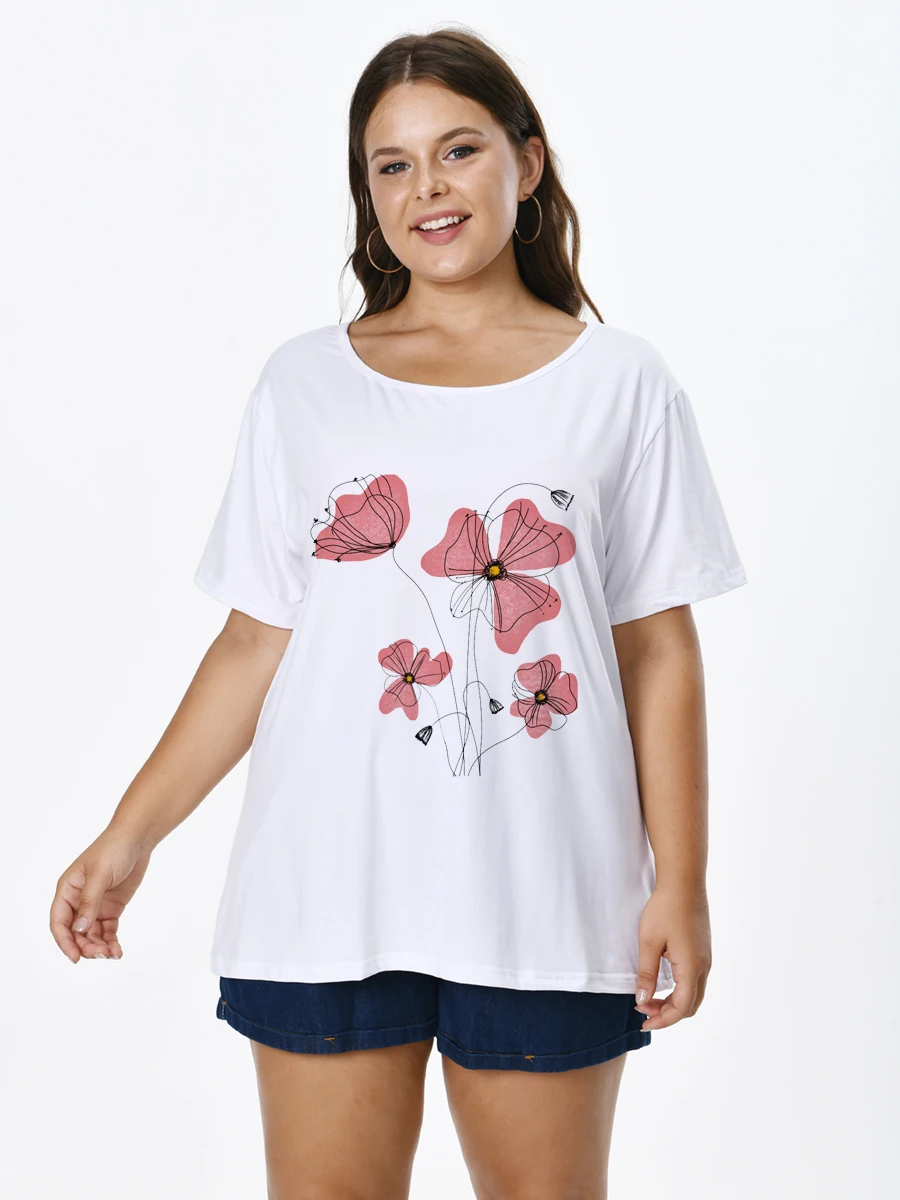 

Plus Size Women T-shirt With Flowers Print O-neck Short Sleeve Tops for FEMMES Large Tunics Blouses Mujeres Talla 22061411