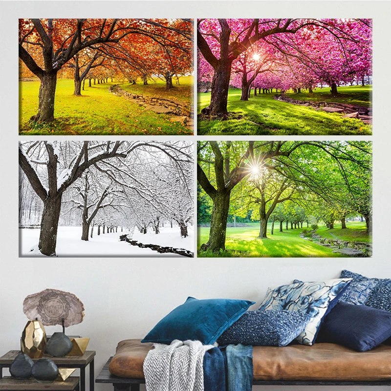 

Весна Лето Осень Зима четыре сезона пейзаж холст Картина Красочные деревья картины постеры и принты для гостиной