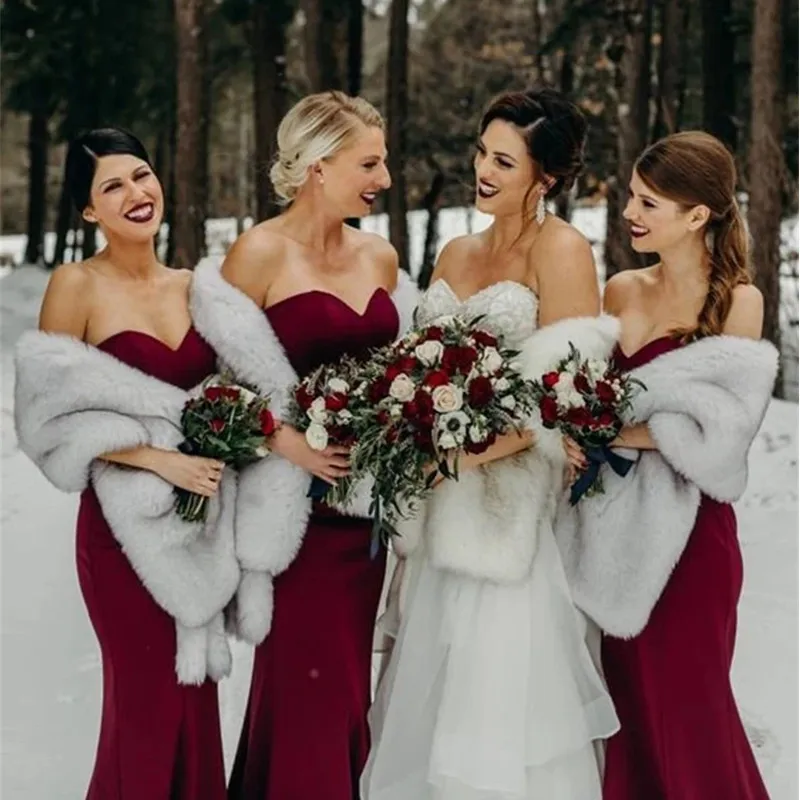 

Elegant Women Wedding Jackets White Black Faux Fur Accessory Bridal Shawl Wraps Cape Winter Evening Party Coat Cloak