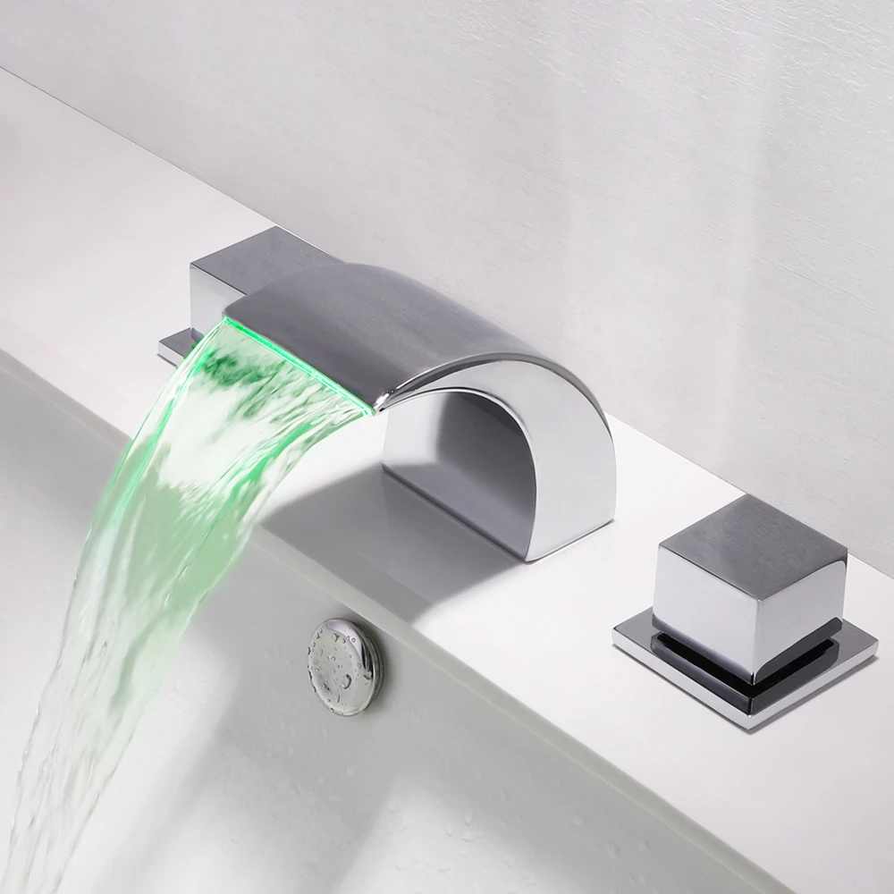 

Смеситель SKOWLL для раковины в ванной комнате, широкий светодиодный кран для ванны с 3 отверстиями, смеситель для раковины с 3 изменениями цветов, хромированный
