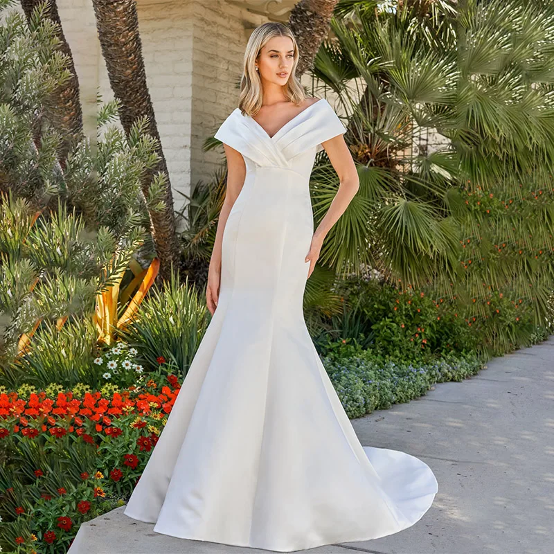 

MACDOUGAL Timeless and Elegant Couture Satin Wedding Dress Mermaid Gown Portrait Neckline and Matching Detachable Bow with Tails