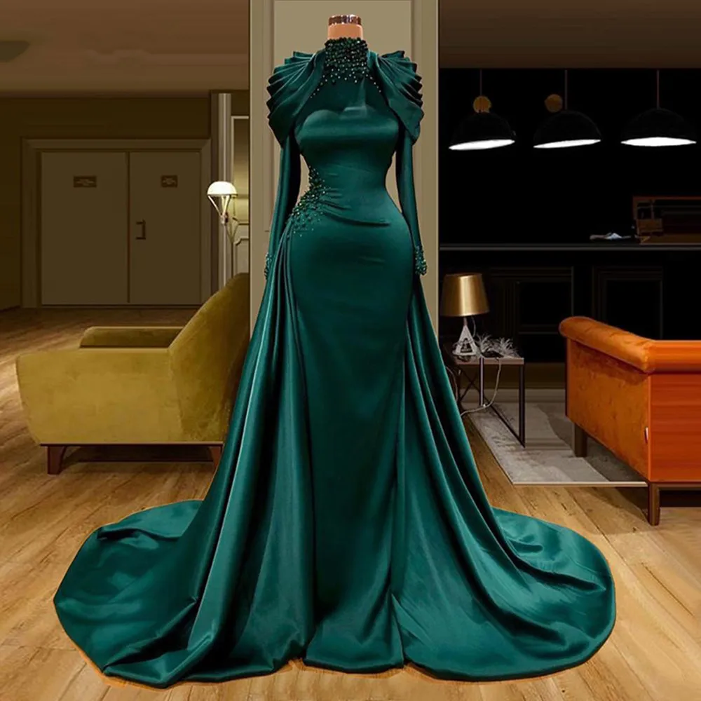 

Luxurious Green Layered Satin Evening Dress Black Sequin Beaded Long Sleeve Prom Dress Turtleneck Ruffled Party Dress Vestido De