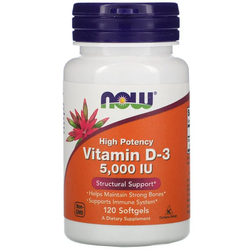 Now Foods высокоактивный витамин D3 125 мкг (5000 МЕ) 120 мягких таблеток |