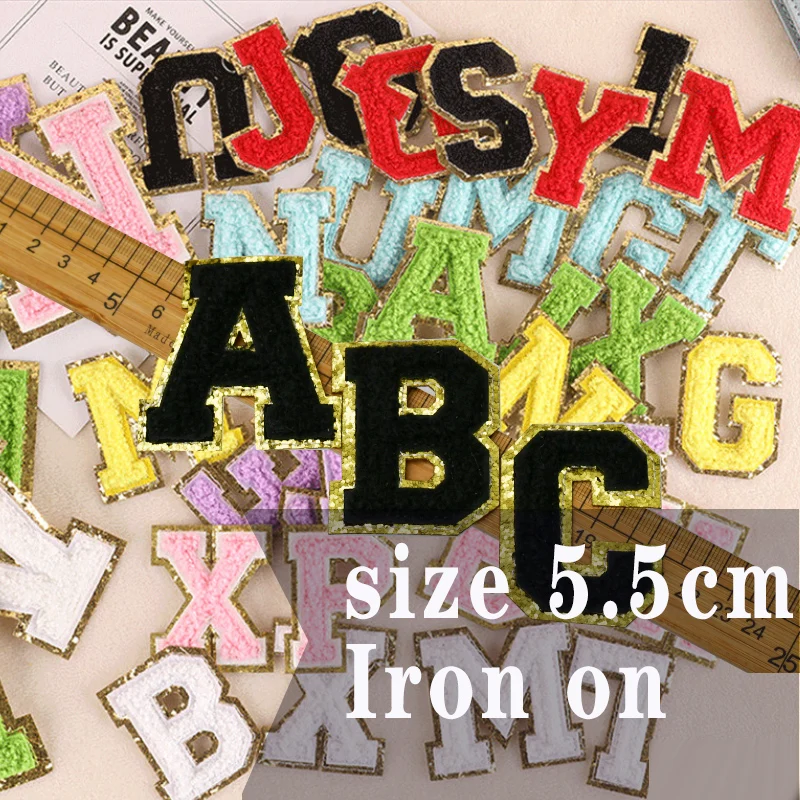 Iron on Letter Patches Glitter Clothing Patch Tower Embroidery Applique Small size 5.5cm Felt Fabric Chenille English Patches