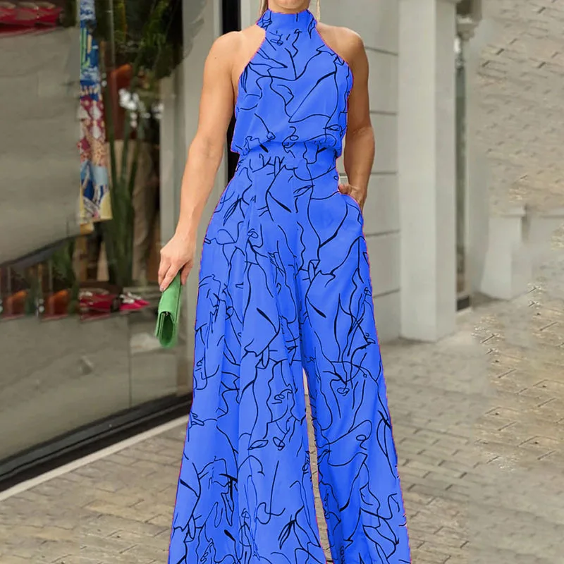 2022 Wholesale Summer Women's Temperament Elegant Waist Tie Sleeveless Halter Trousers Printed Jumpsuit