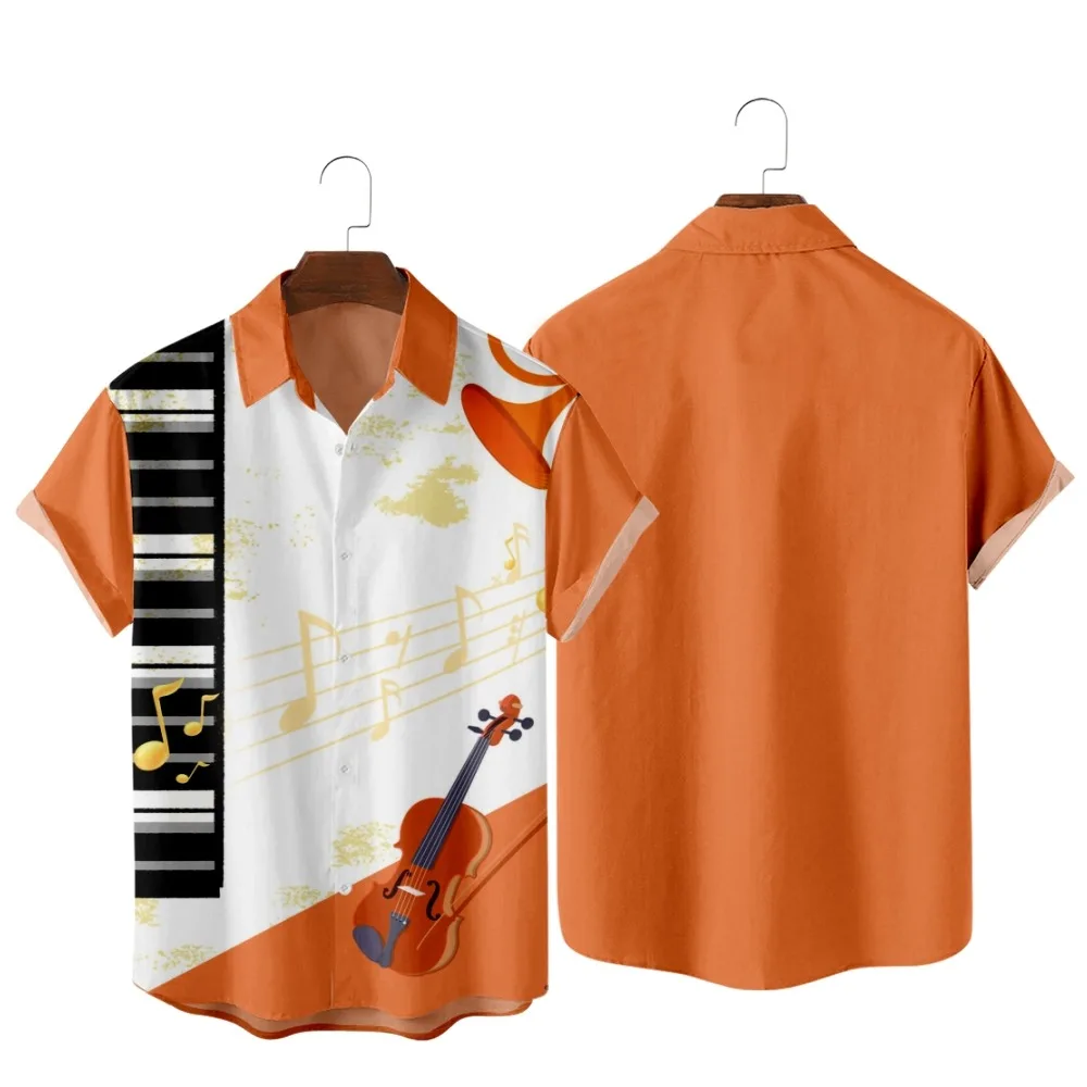 

2022 Elegant Piano and Violin Pattern Print Shirt, Fashion Casual Hawaiian Beach, Summer Pocket Shirts for Men and Women
