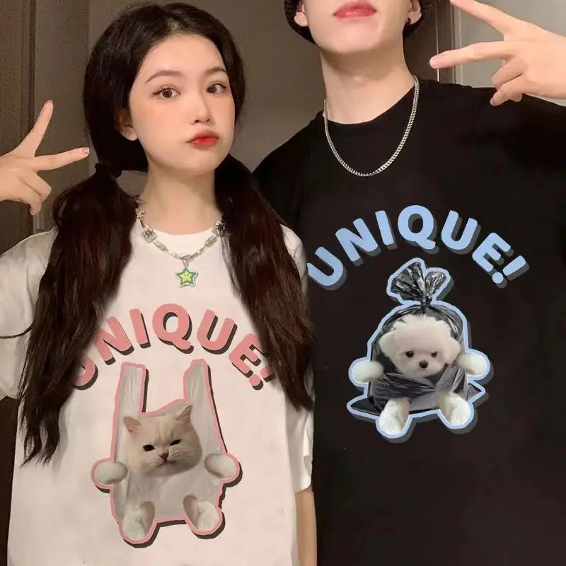 

New Couple Cotton Kawaii TShirt Mens Womens Oversized Streetwear Harajuku Dog Cat Graphic Shirts Summer Trend Tees Free Shipping