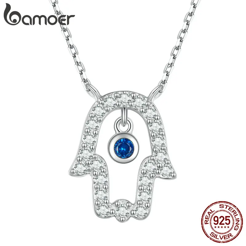 

Bamoer 925 Sterling Silver Lucky Hand Pendant Necklace For Women Girl Neck Chain Link Fatima` Hand Necklace Wedding Jewelry Make