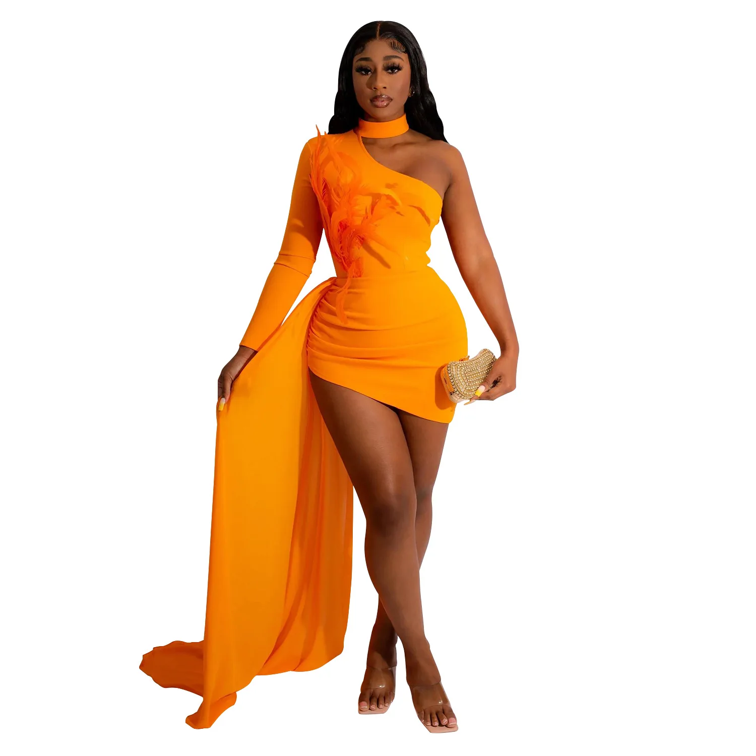 

Женское модное женское платье-халат с искусственными перьями, диагональные платья на одно плечо для девушек, женские вечерние платья