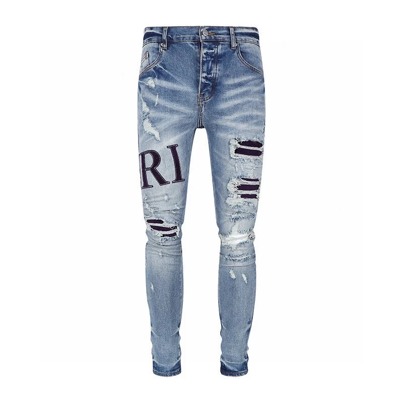 

Damaged Slim Stretch Destroyed Jeans Fashion Men Skinny Ripped Streetwear Rhinestones Painted luxury brand sale Distressed demin