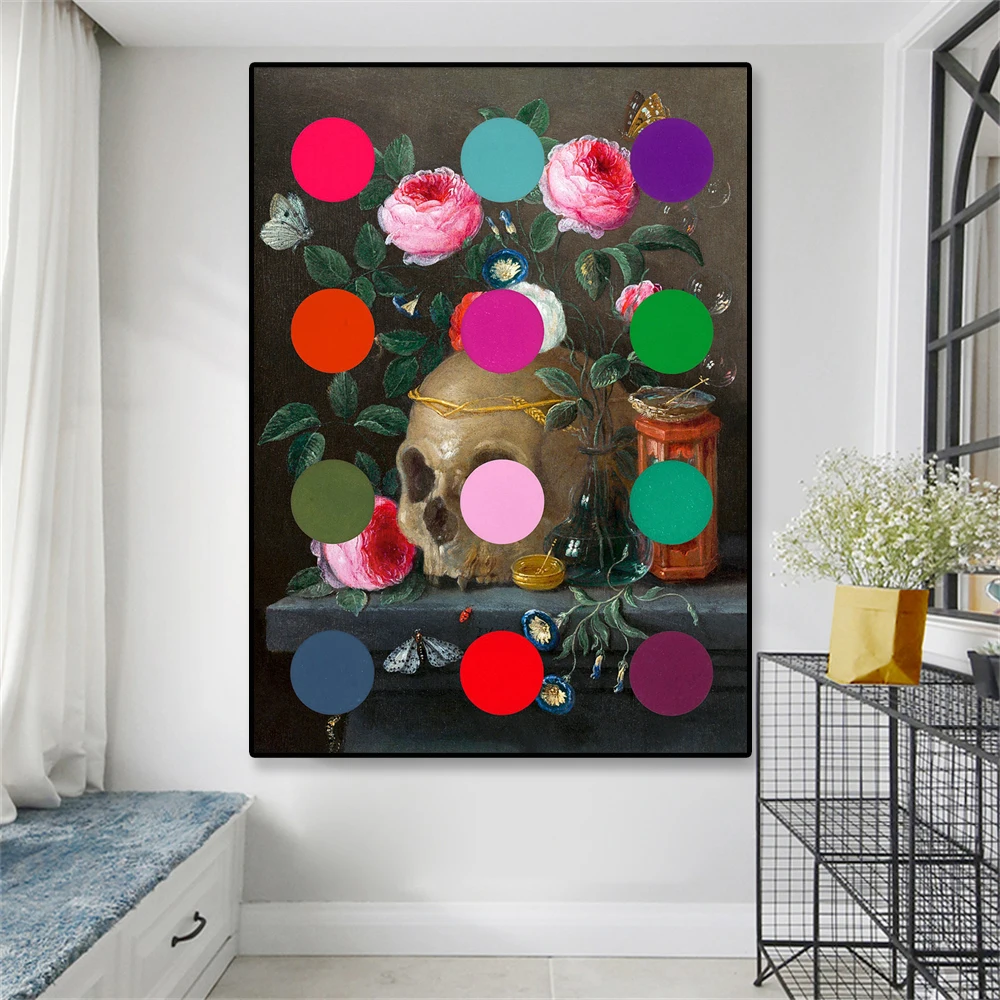 

Vintage Renaissance Art Print Skull Canvas Painting Polka Dot Wall Art Posters Botanical Decor Wall Art Home Living Room Decor