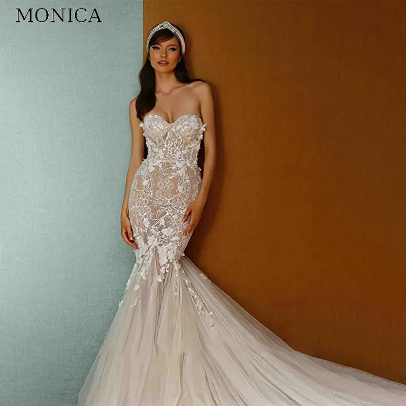 

MONICA Mermaid Wedding Dress 2022 Strapless Backless Appliques Bride Gown Floor-Length Court Train Vestido De Novia Custom Made