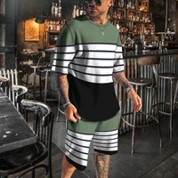 mens european version of two piece 3d printed stripes personality fashion loose leisure sports t shirt beach pants set