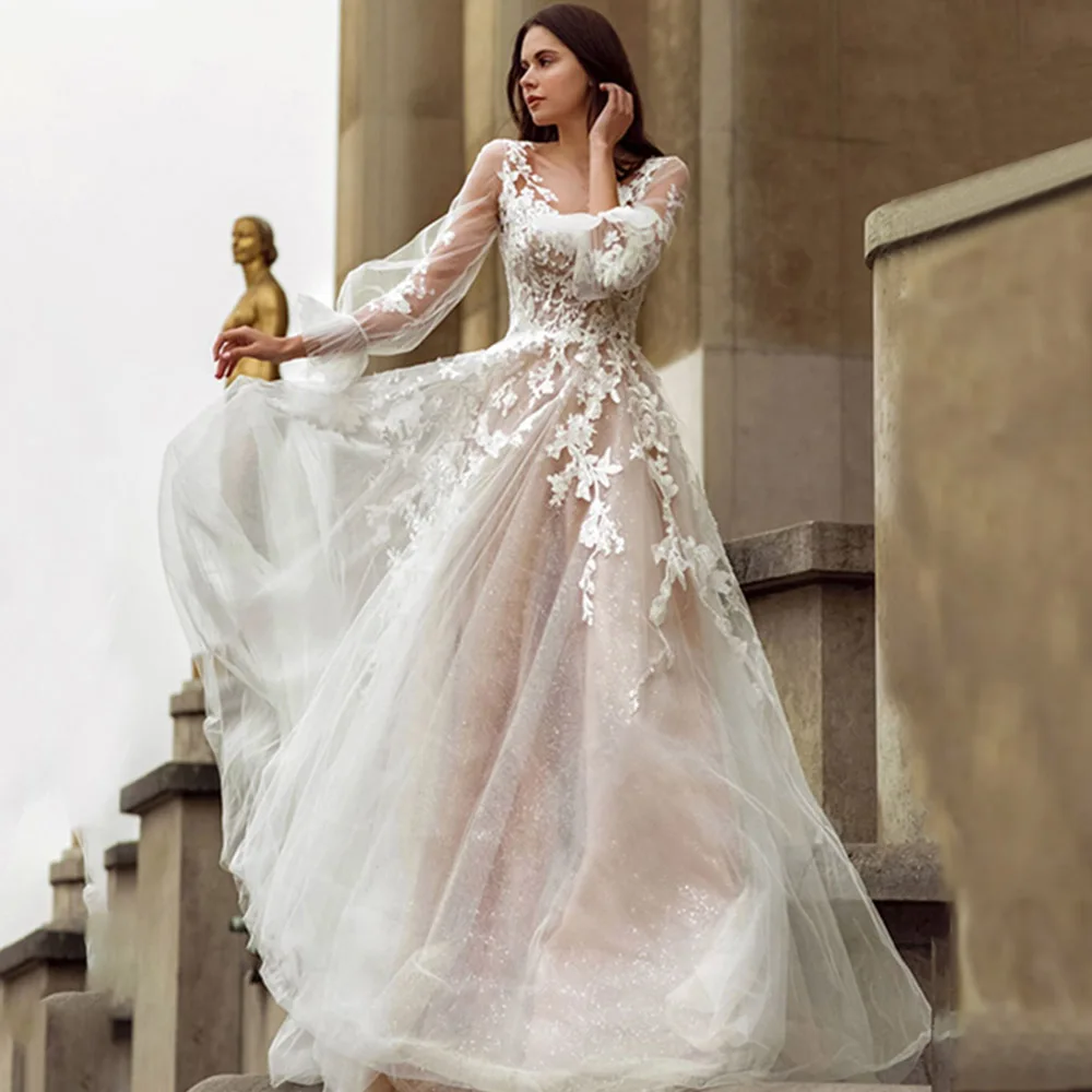 

Женское свадебное платье А-силуэта It's yiiya, белое элегантное платье до пола с круглым вырезом и длинными рукавами на лето 2019