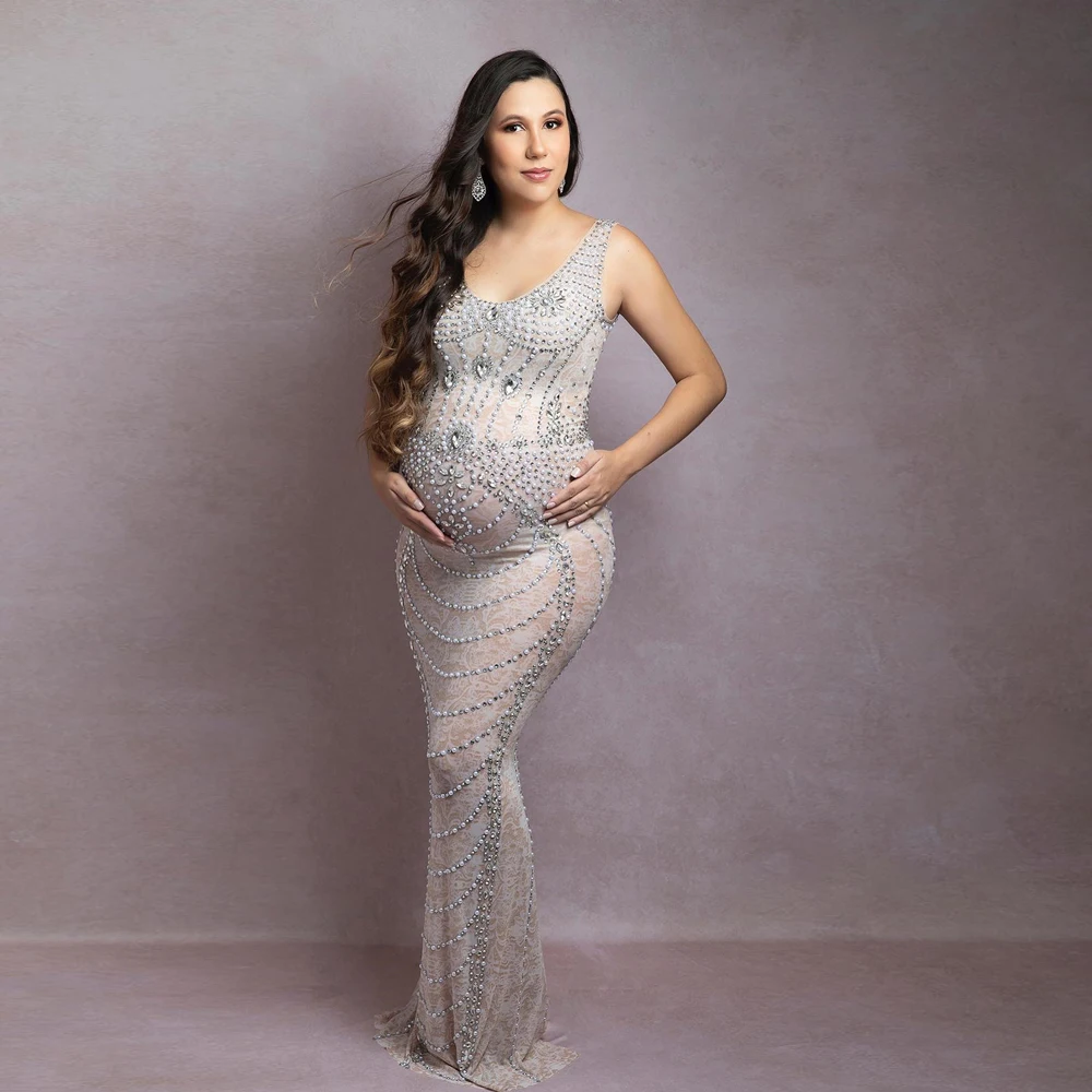 Maternity Photography Gown Sexy Shiny Goddess Rhinestones Pearls Luxurious Stretch Jumpsuits Dress For Photo Shoot Props