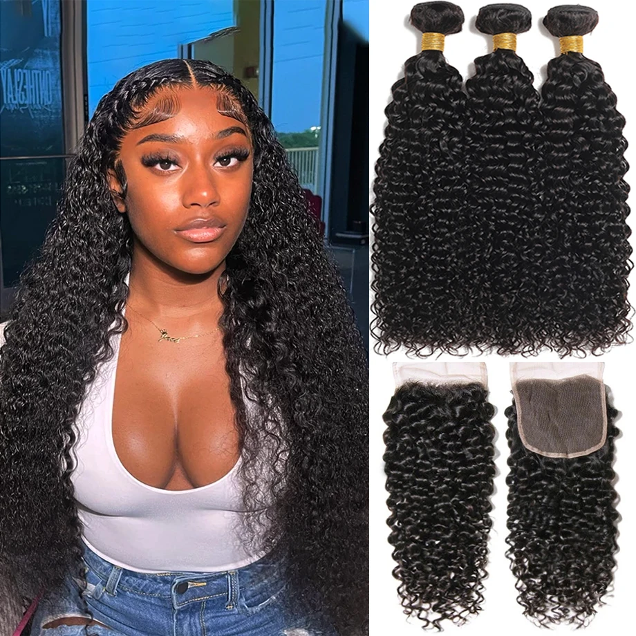 

12A Kinky Curly Bundles With Closure 3 Bundles Mongolian Curly Hair Bundles With Closure Raw Remy Hair Weave Bundle With Closure