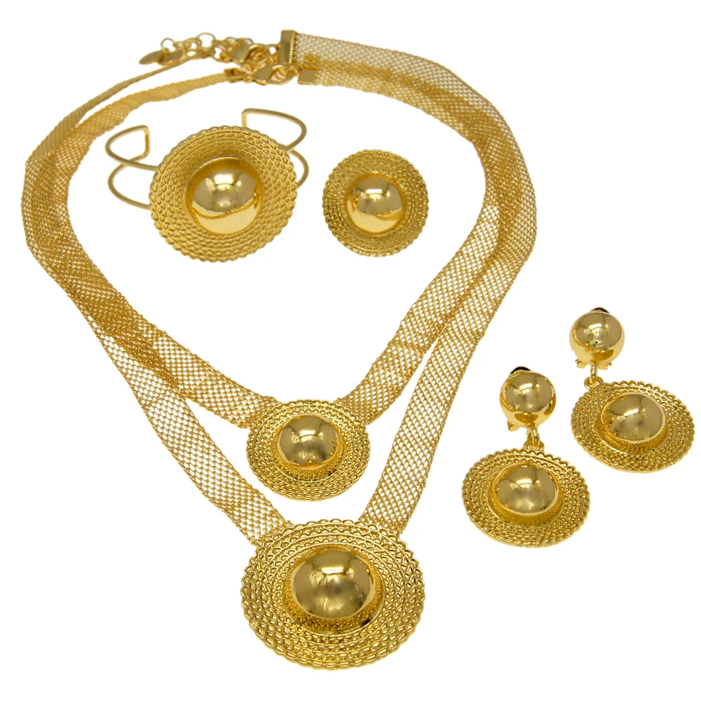 Лидер продаж, набор ювелирных изделий для женщин, ожерелье и серьги из Дубая, золотая пластина, браслет, кольцо, свадебное украшение H00244