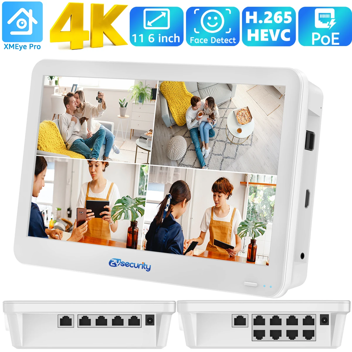 

11.6"inch Display PoE NVR 4CH 8CH Video Recorder for Home Security CCTV System 24/7 Record H.265 ONVIF Face/Vehicle Detect XMEye