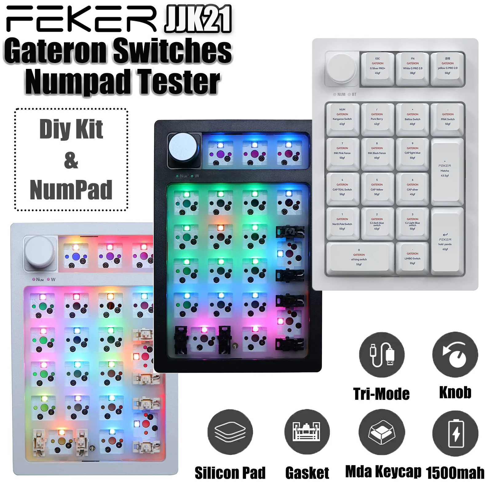 

FEKER Mechanical Keyboard Numpad Switches Tester JJK21 3 Modes Wireless Gateron Yellow Pro Gasket RGB MDA PBT Keycaps 1500mah