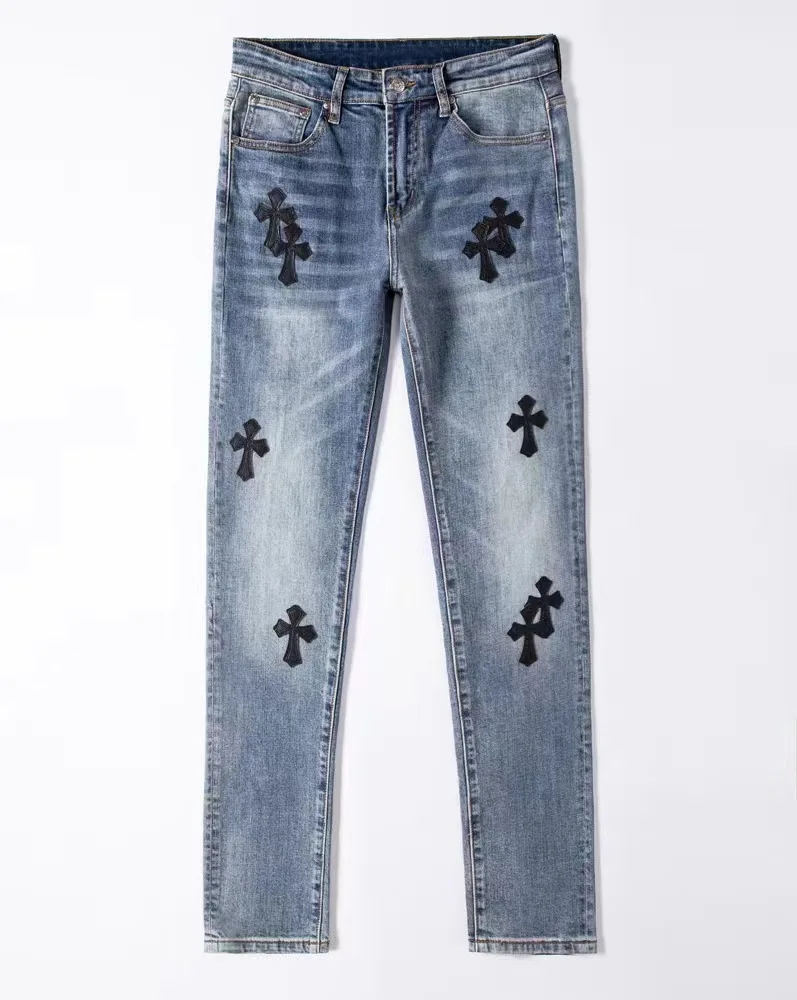 Vintage Retro Washed Old Patch Embroidered Small Feet Large Size Men'S Slim Fit Jeans High Street Y2K Pencil Jeans For Men