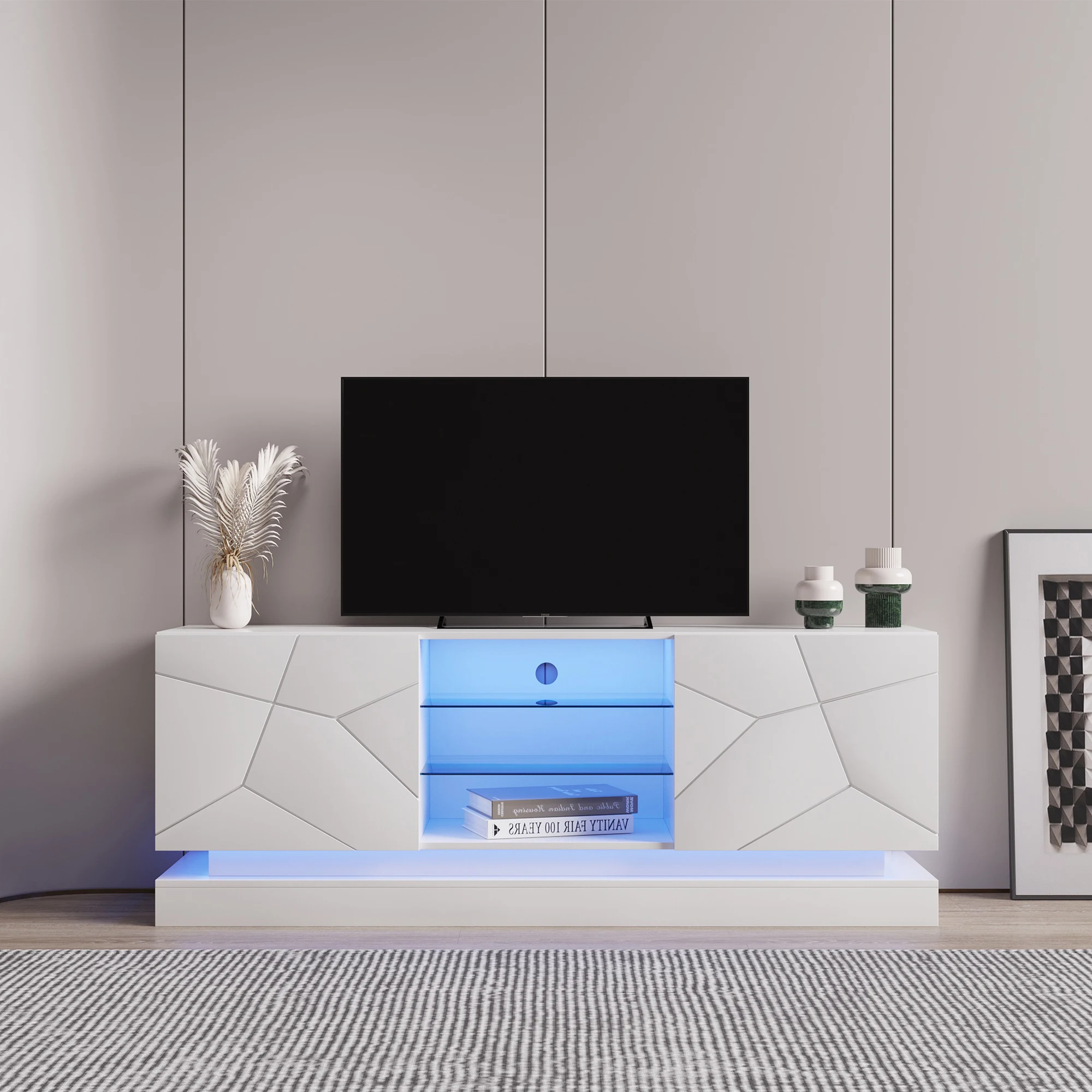 Modern Led Tv Cabinet W/storage Drawers Living Room Entertai