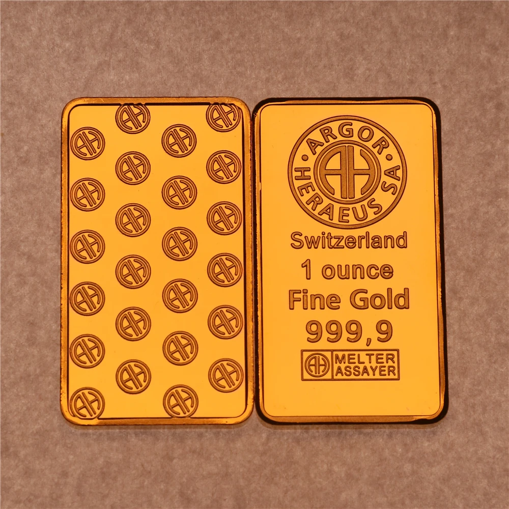 

1 Ounce 24K Gold-Plated Swiss Argor-Heraeus Gold Bar Commemorative Coin Foreign Currency Gifts Coin Bullion Collection